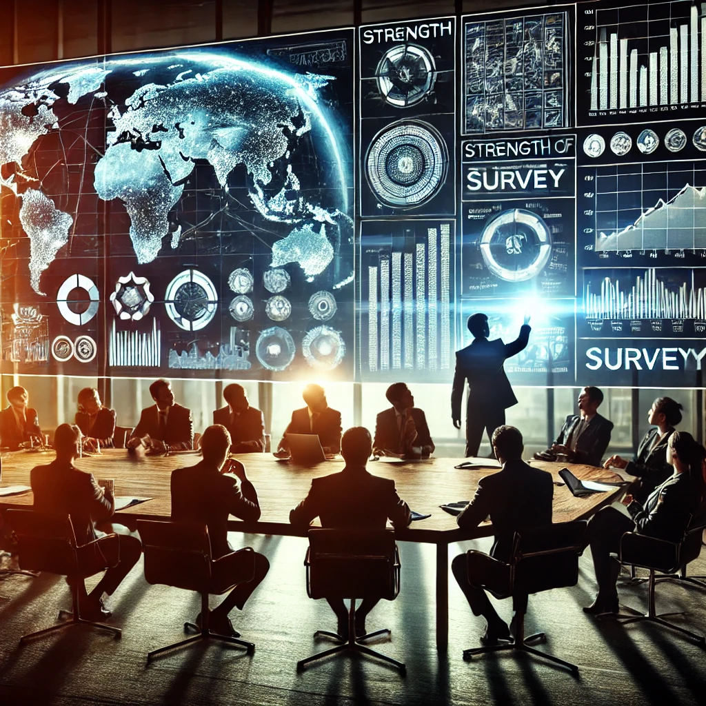 DALL·E 2024 08 28 13.26.04 A powerful image depicting the strength of a survey conducted by a consulting firm. The scene features a team of professionals gathered around a large